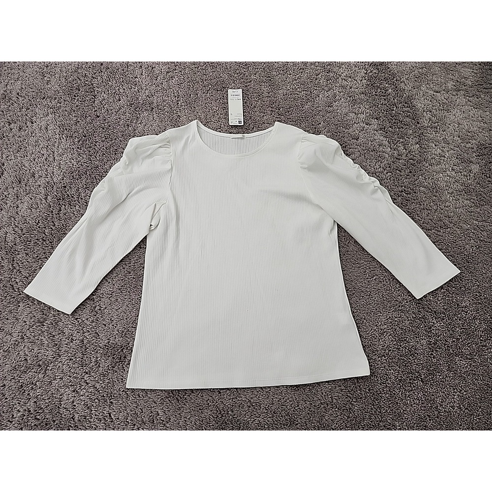 GU Ribbed Top Womens XXL Off White Puff Shoulder 3/4 Sleeve NEW